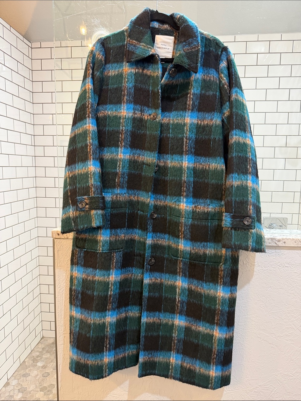 Plaid Wool-Blend Overcoat in Teal & Black - Free Assembly